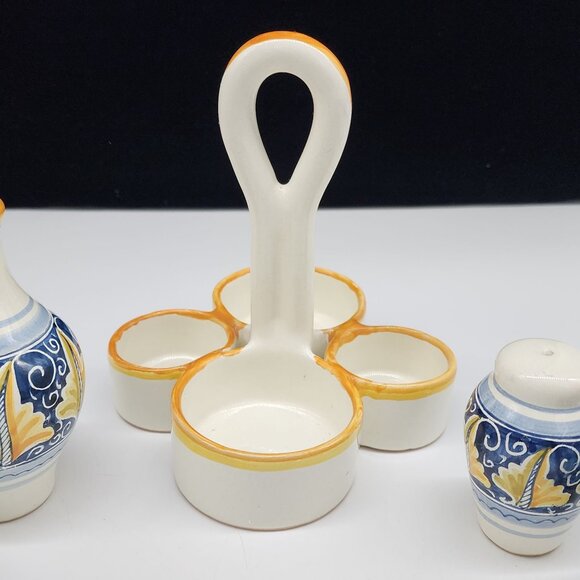 Radda Italian Ceramic Condiment Set With Oil Vinegar Salt Pepper & Caddy Signed - Picture 5 of 10